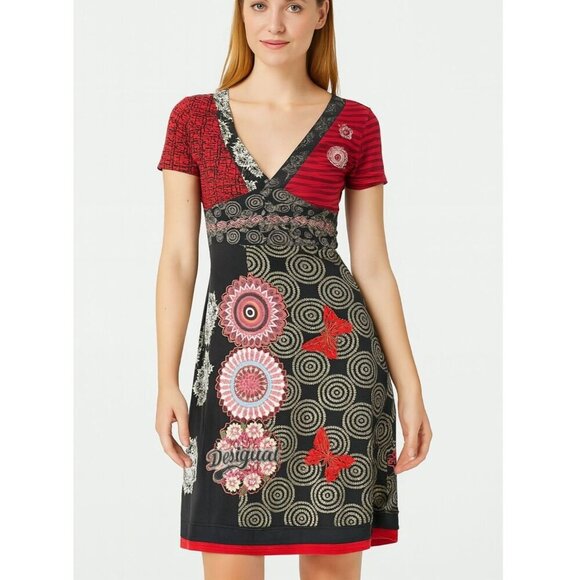 Desigual y2k dress black crazy pattern short sleeve midi womens Small - Picture 1 of 8